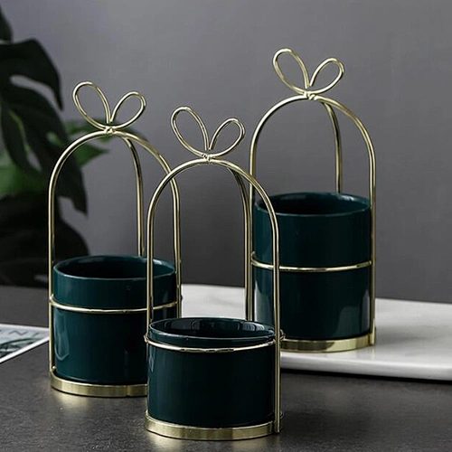 Wrought iron succulent flower pot simple nordic vase iron frame flower stand ceramic hydroponic gilded flower pot