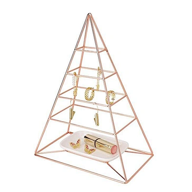 Rose Gold Jewelry Organizer Pyramid 4 Tier Jewelry Tower Decorative Metal Jewelry Holder Display With White Tray