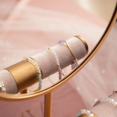 Home Decor Fashion Vintage Round Makeup Cosmetic Vanity Mirror With Jewelry Storage Box Pink T-Shaped Bracelet Holder