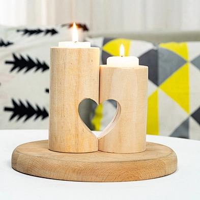 Christmas Gift Set of 2 Home Decor Heart-shaped Romantic Cute Decorative Wood Tea Light Candle Holders