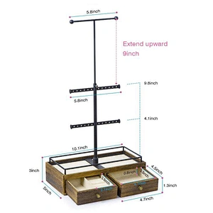 Adjustable Height metal & wood jewellery organizer jewelry necklace bracelet earring ring metal display stand