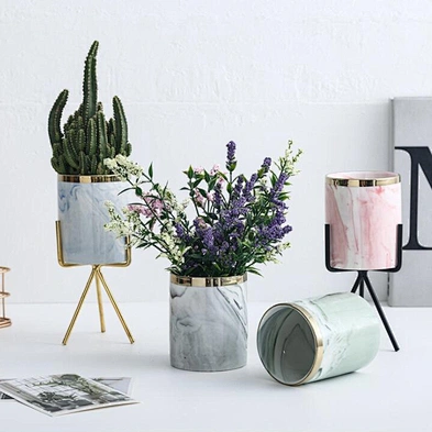 Ceramic Succulent Planter Creative Porcelain Mini  Flower Pot With Gold Black Metal Stand For Home Decor