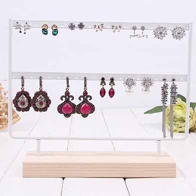 Earring Holder Jewelry Organizer 2 Layers Black Metal Jewelry Display Stand Rack with Wood Base