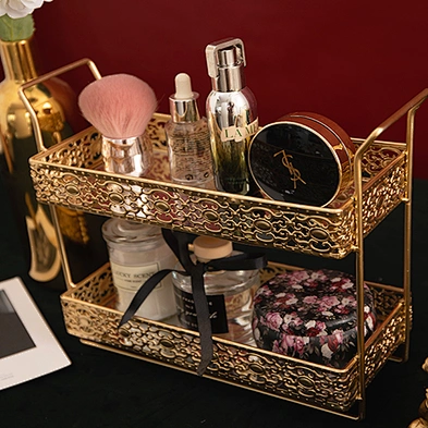 Multifunctional Standing Type Double Gold Metal Jewelry Tabletop Storage Rack Cosmetic Storage Shelf Rack