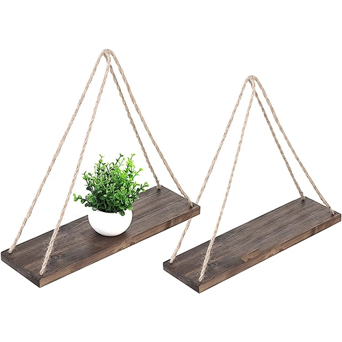 Home Decor  Set of 2 Brown Hanging Shelves Rustic Wood Hanging Swing Rope Floating Shelves