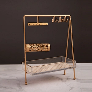 Customized 2-Tier T Shaped Jewelry Organizer Gold Metal Jewelry Necklace Bracelet Holder With Acrylic Tray