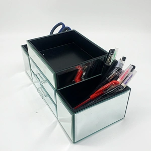 Home Deluxe Silver Mirror Jewelry Organizer Box Modern Desktop Cosmetic Makeup Storage Box With 2 Drawer Tiered