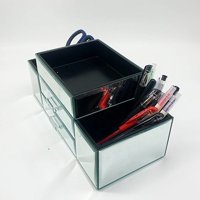 Home Deluxe Silver Mirror Jewelry Organizer Box Modern Desktop Cosmetic Makeup Storage Box With 2 Drawer Tiered