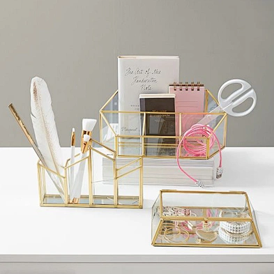 Gold Glass Metal Decorative Divided Desktop Organizer Portable Desk Organizer For Cosmetic Office Supplies