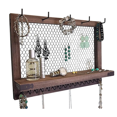 Vintage Rustic Chocolate Brown Jewelry Hanger Display Rack Earring Necklace Bracelets  Hanging Wall Mount Jewelry Organizer
