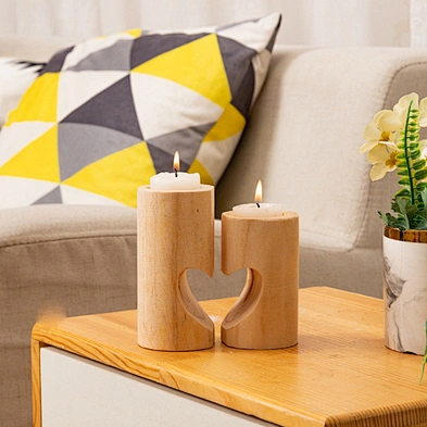 Christmas Gift Set of 2 Home Decor Heart-shaped Romantic Cute Decorative Wood Tea Light Candle Holders