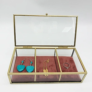 Decorative 3 Compartment Glass Jewelry Box Glass Trinket Jewellery Box Jewelry Gift Box With Gold Metal Frame