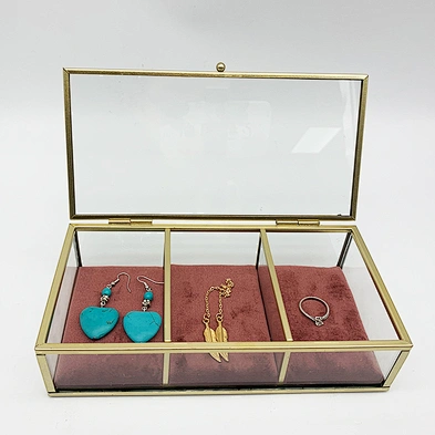 Decorative 3 Compartment Glass Jewelry Box Glass Trinket Jewellery Box Jewelry Gift Box With Gold Metal Frame