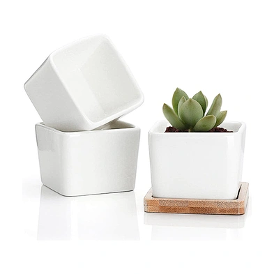 Mini Succulent Planter Garden Pots With Bamboo Tray Bright White Modern Ceramic Garden Pot