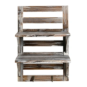 Brown Rustic Wood 2 Hooks 2-Tier Storage Rack Wall Mounted Organizer With Key Rack