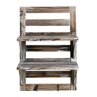 Brown Rustic Wood 2 Hooks 2-Tier Storage Rack Wall Mounted Organizer With Key Rack