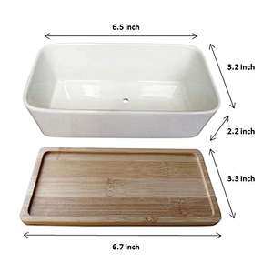 Rectangle White Ceramic Succulent Planter Pots Mini Flower Plant Containers With Wooden Tray