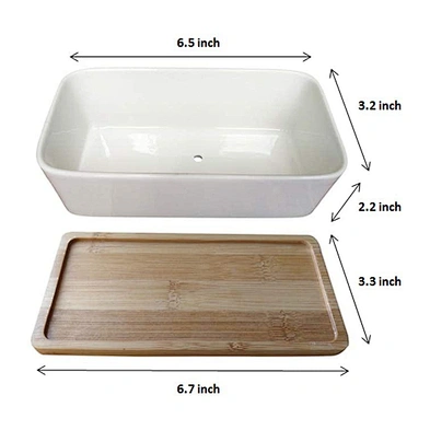 Rectangle White Ceramic Succulent Planter Pots Mini Flower Plant Containers With Wooden Tray