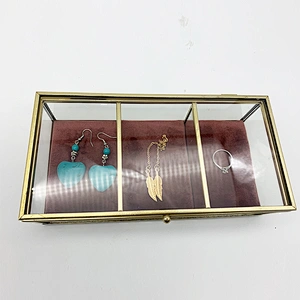 Decorative 3 Compartment Glass Jewelry Box Glass Trinket Jewellery Box Jewelry Gift Box With Gold Metal Frame