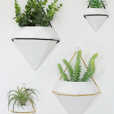 Home Decor Geometric Shaped Marble Pattern White Ceramic Succulent Wall Hanging Flower Planter Pot