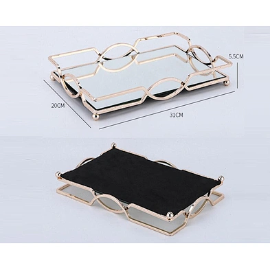 Home Decor Gold Mirror Tray Decorative Glass Table Top Perfume Vanity Metal Jewelry Makeup Mirror Tray Organizer