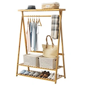 Bamboo Coat Clothes Hanging Heavy Duty Garment Rack with top Shelf and Shoe Clothing Storage Organizer Shelves