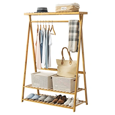 Bamboo Coat Clothes Hanging Heavy Duty Garment Rack with top Shelf and Shoe Clothing Storage Organizer Shelves