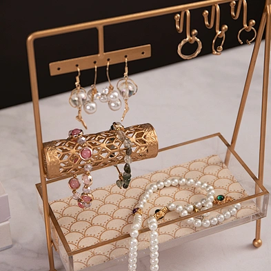 Customized 2-Tier T Shaped Jewelry Organizer Gold Metal Jewelry Necklace Bracelet Holder With Acrylic Tray