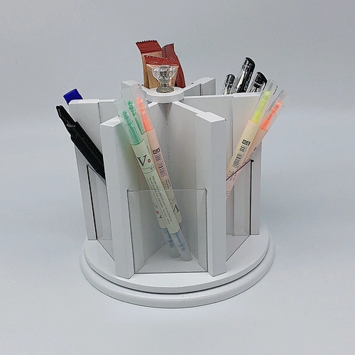 360-Degree Rotating Multi-Functional Wooden Pen Holder 6 Compartments Desktop Stationery Organizer Pen Holder