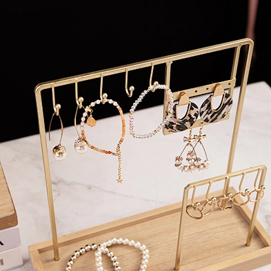 2-Tier Metal Gold Earring Necklace Bracelet Jewelry Organizer Stand with wooden base