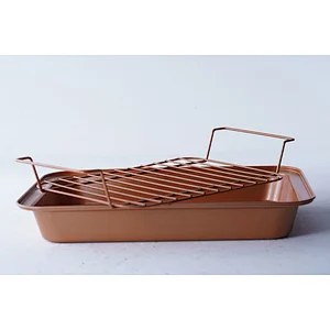 Big capacity brown black rectangular baking ware tray set bakeware nonstick carbon steel tray set for oven with net rack
