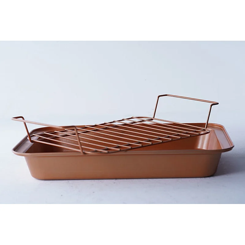 Big capacity brown black rectangular baking ware tray set bakeware nonstick carbon steel tray set for oven with net rack