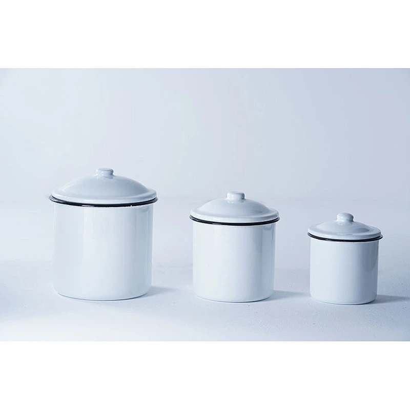 Wholesale OEM custom white carbon steel sets multi-functional enamel canister enamel cup enamel mug with lid