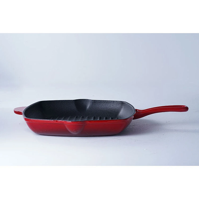 Wholesale professional red square cast-iron enamel frying pan non-stick skillet with one long handles and one side handles