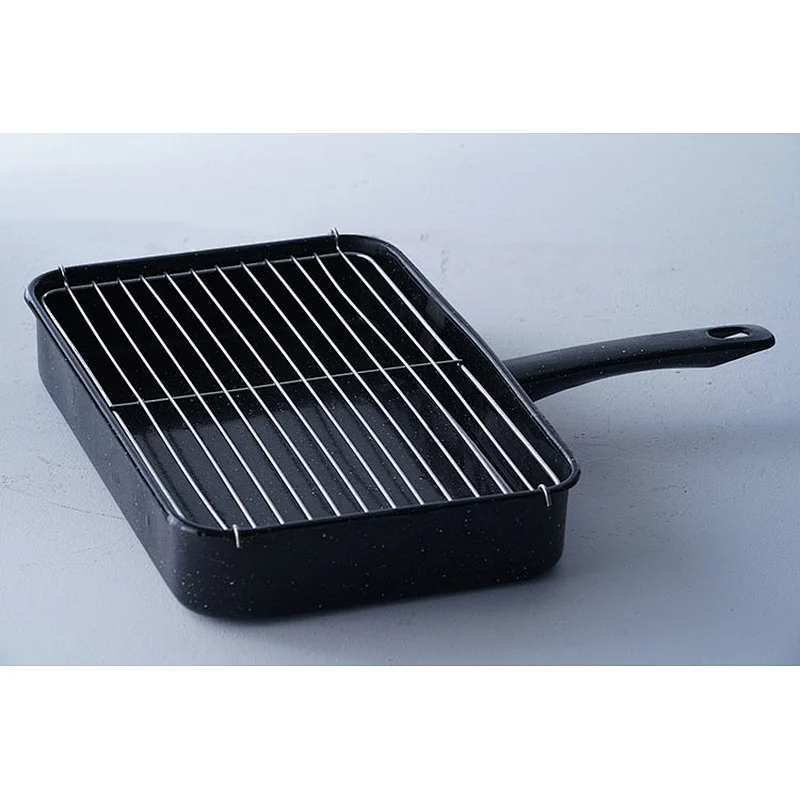 Wholesale custom design carbon steel enamel serving plates black rectangular dishes with handles and net rack