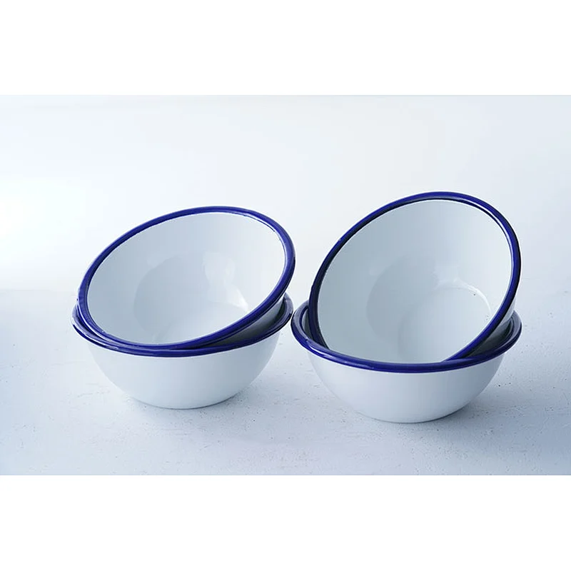 Professional tableware wholesale accept customized brand classic design white carbon steel enamel salad soup rice bowl