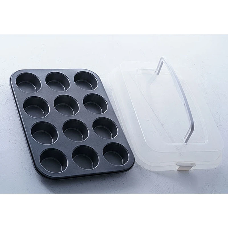 Wholesale 12 holes black round portable carbon steel non stick coating cake baking decorating molds with lid