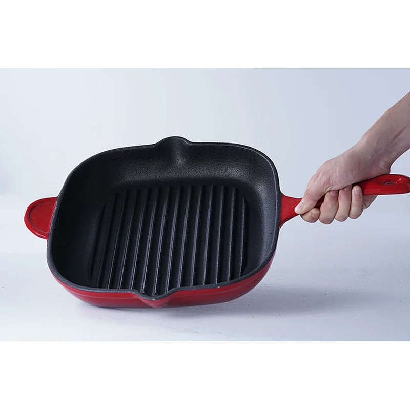 Good quality cheap price red square household restaurant universal cast iron enamel skillet frying pan non stick