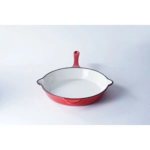 Fashion design classic red flat-bottomed carbon steel enamel grill cookware fry pan with confortable handle for cooking