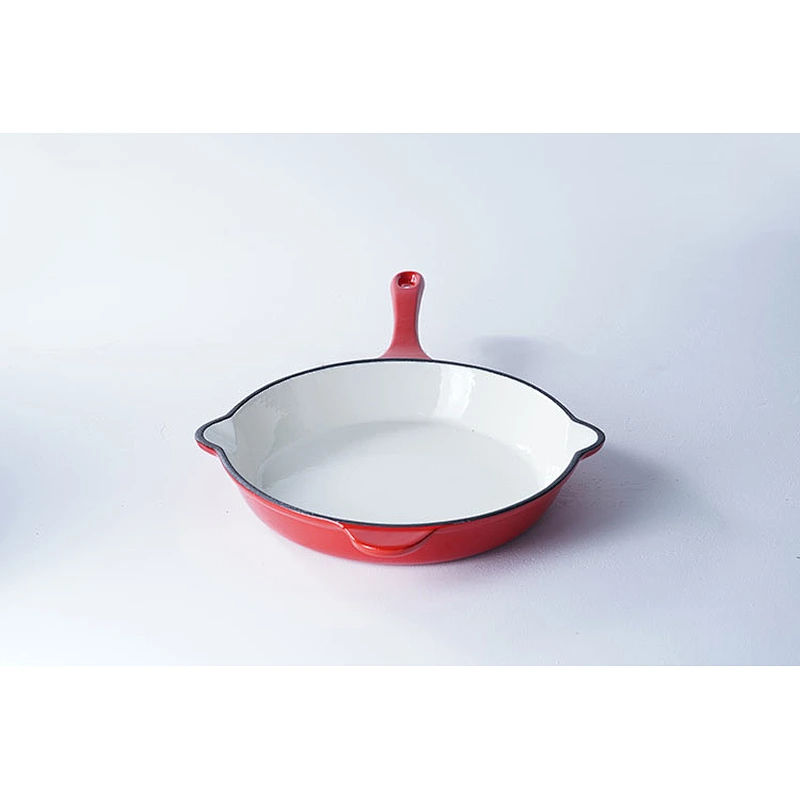 Fashion design classic red flat-bottomed carbon steel enamel grill cookware fry pan with confortable handle for cooking