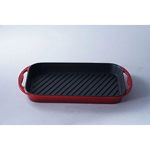 OEM red rectangular big capacity gathering party cast iron cookware enamel non-stick skillet fry pan with two side handles