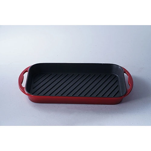 OEM red rectangular big capacity gathering party cast iron cookware enamel non-stick skillet fry pan with two side handles