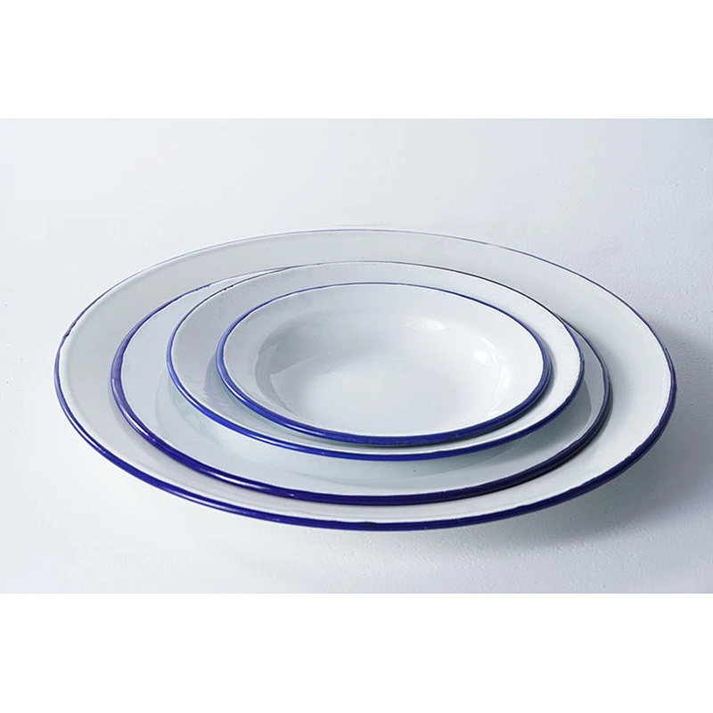 Wholesale durable household dinnerware white round multiple sizes available carbon steel enamel plates dishes set