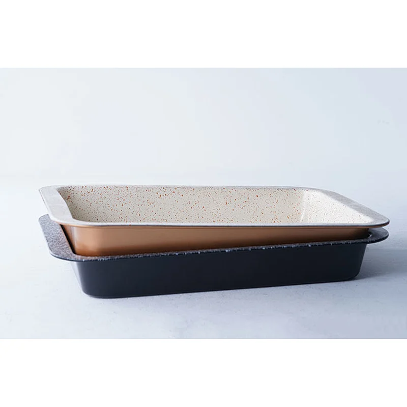 Hot sale kitchen modern bakeware grey gold rectangular carbon steel non stick coating ovenware oven baking tray