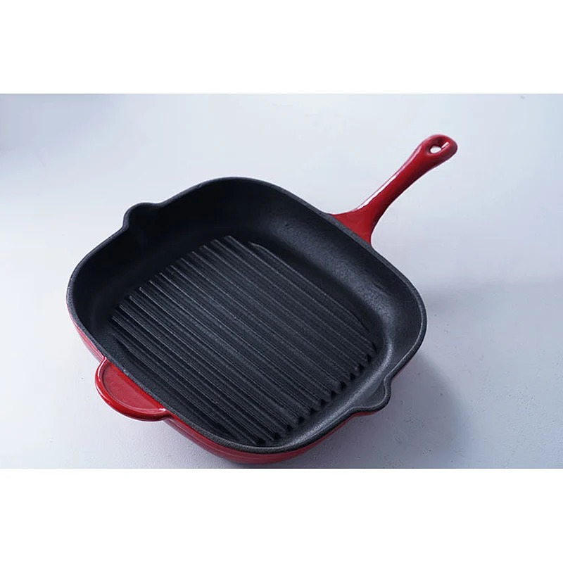 Good quality cheap price red square household restaurant universal cast iron enamel skillet frying pan non stick