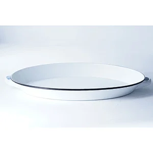 Hot sale high quality white round big capacity flat bottom carbon steel enamel dish plate with two side handles