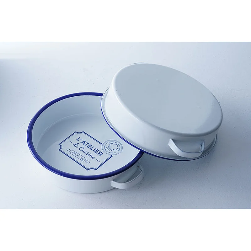 Hot sale personalized printing white round flat bottom carbon steel enamel fruit plate for kids with two side handles