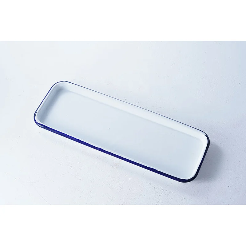 Wholesale high temperature big capacity white rectangular carbon steel enamel camping tray dishes plates