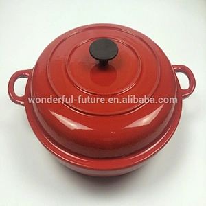 Low large diameter cast iron enamel pot with double handles and bakelite or stainless steel knob