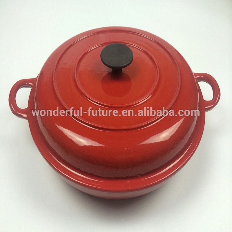 Low large diameter cast iron enamel pot with double handles and bakelite or stainless steel knob